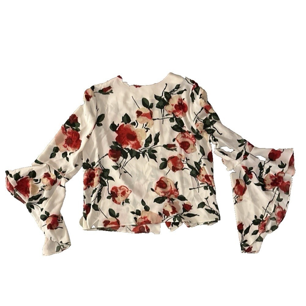 Carmen Marc Valvo Blouse Top Shirt Bell Sleeve White Floral Button Back Size 10 - Picture 5 of 10